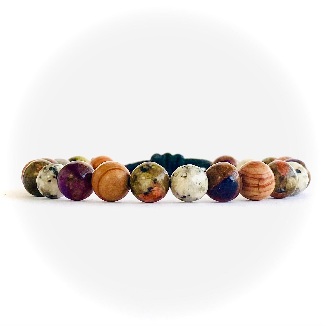 Pulsera jaspe madera, unakita, agata y cuarzo cloissone