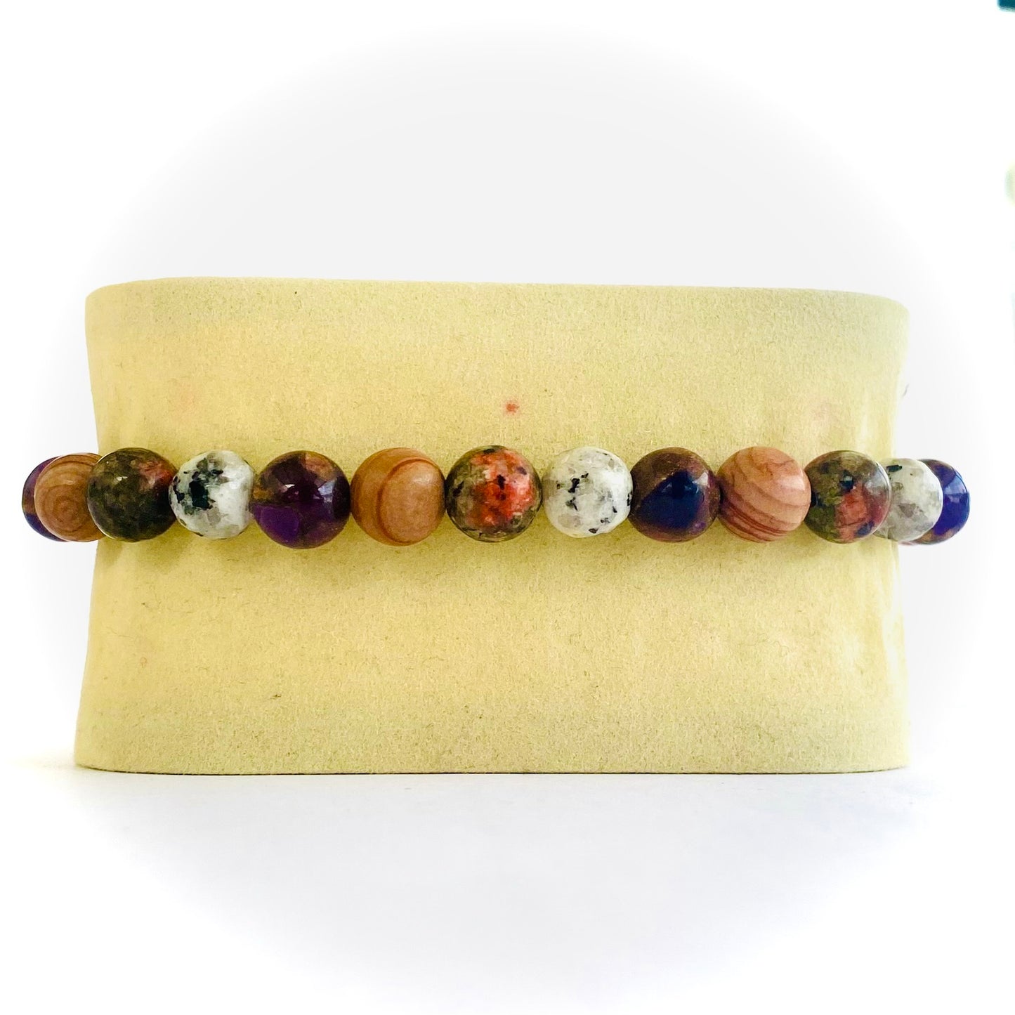 Pulsera jaspe madera, unakita, agata y cuarzo cloissone