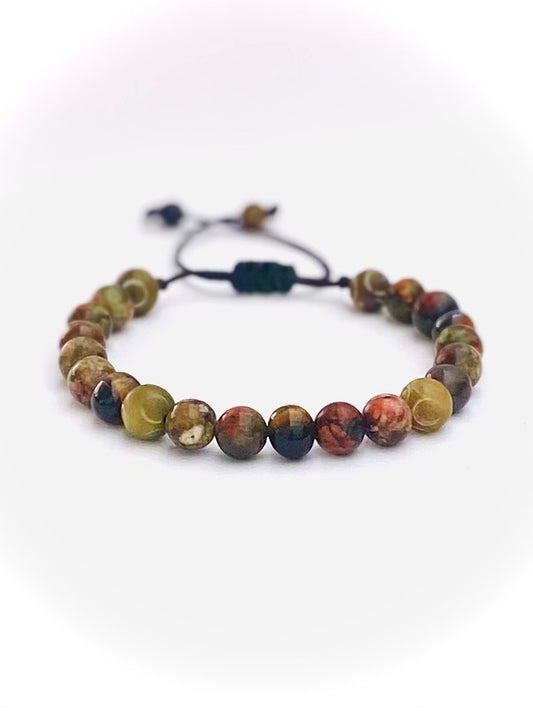 Pulsera unakita, ojo de tigre y jade tibetano