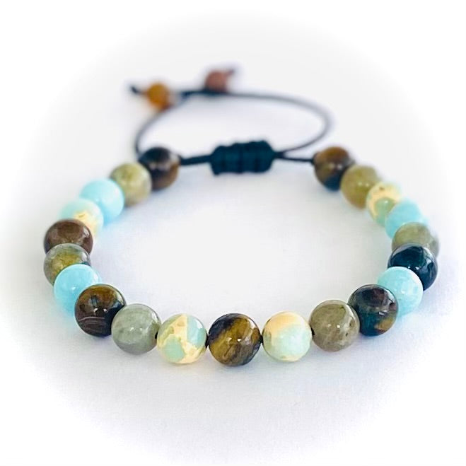 Pulsera jaspe imperial, ojo tigre y labradorita