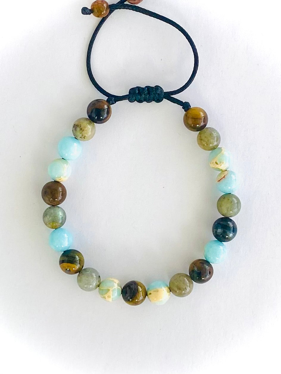 Pulsera jaspe imperial, ojo tigre y labradorita