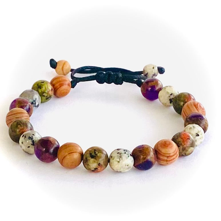 Pulsera jaspe madera, unakita, agata y cuarzo cloissone