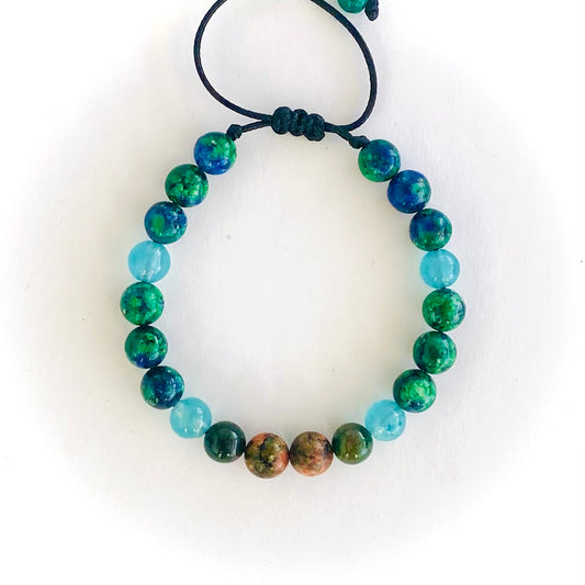 Pulsera espectrolita, agata y unakita