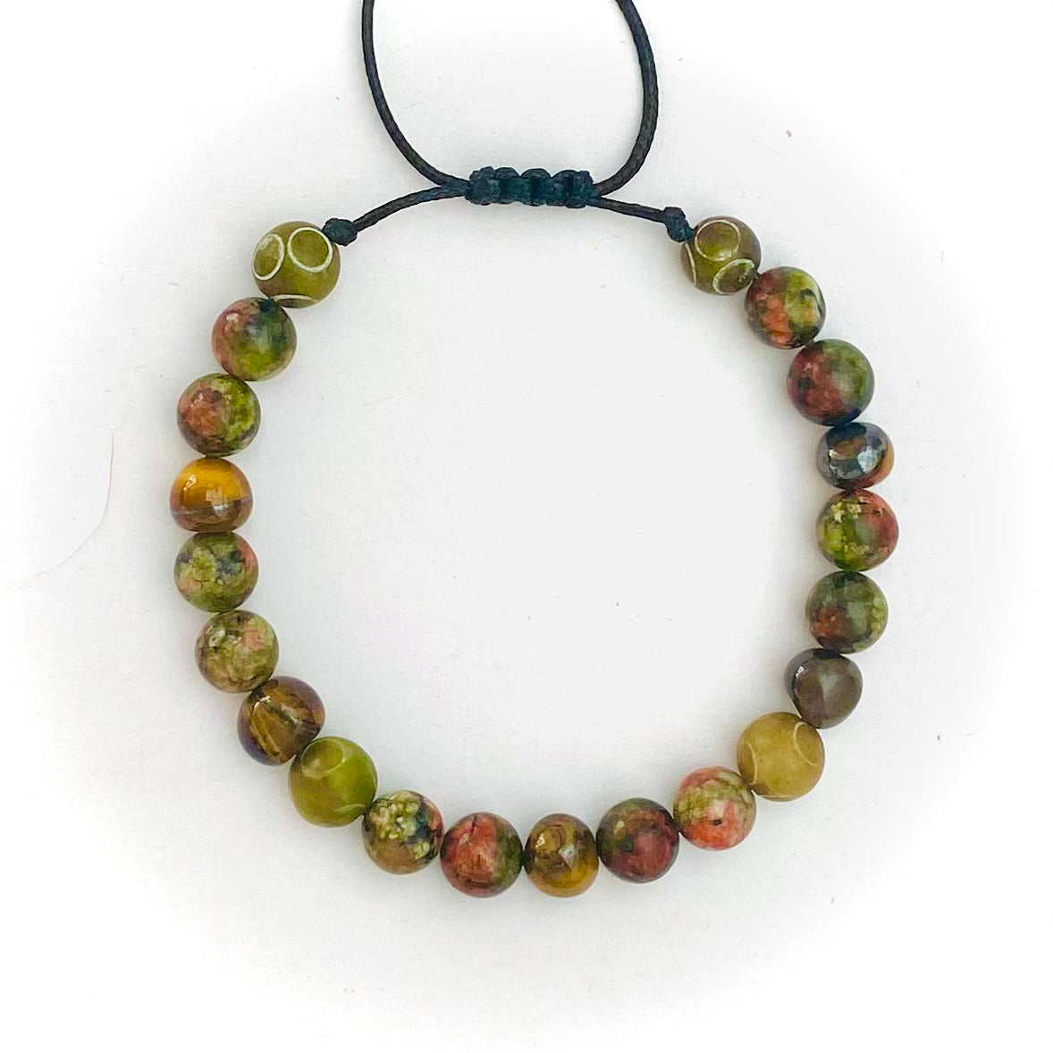 Pulsera unakita, ojo de tigre y jade tibetano