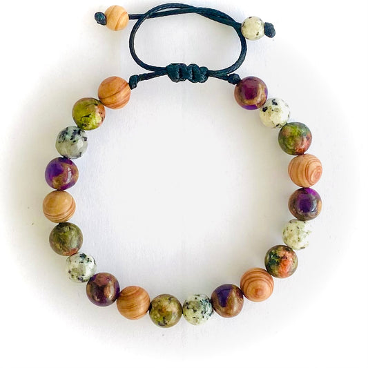 Pulsera jaspe madera, unakita, agata y cuarzo cloissone