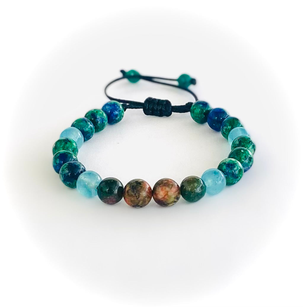 Pulsera espectrolita, agata y unakita